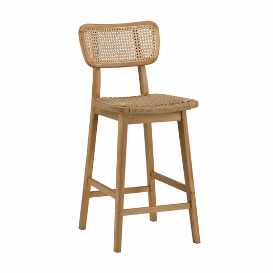 Tabouret de bar fixe en bois d'hévéa massif avec assise en corde tressée et dossier cannage rotin naturel 45 x 52 x 108 cm