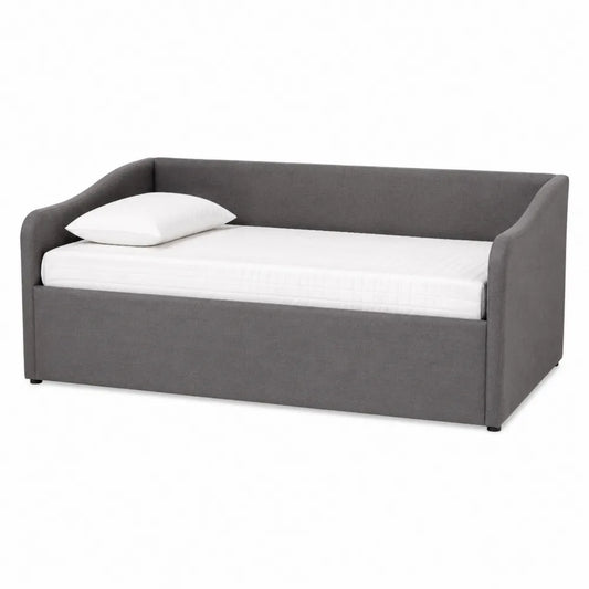 Lit de jour convertible en tissu gris avec matelas blanc et coussin 200 cm x 90 cm x 85 cm
