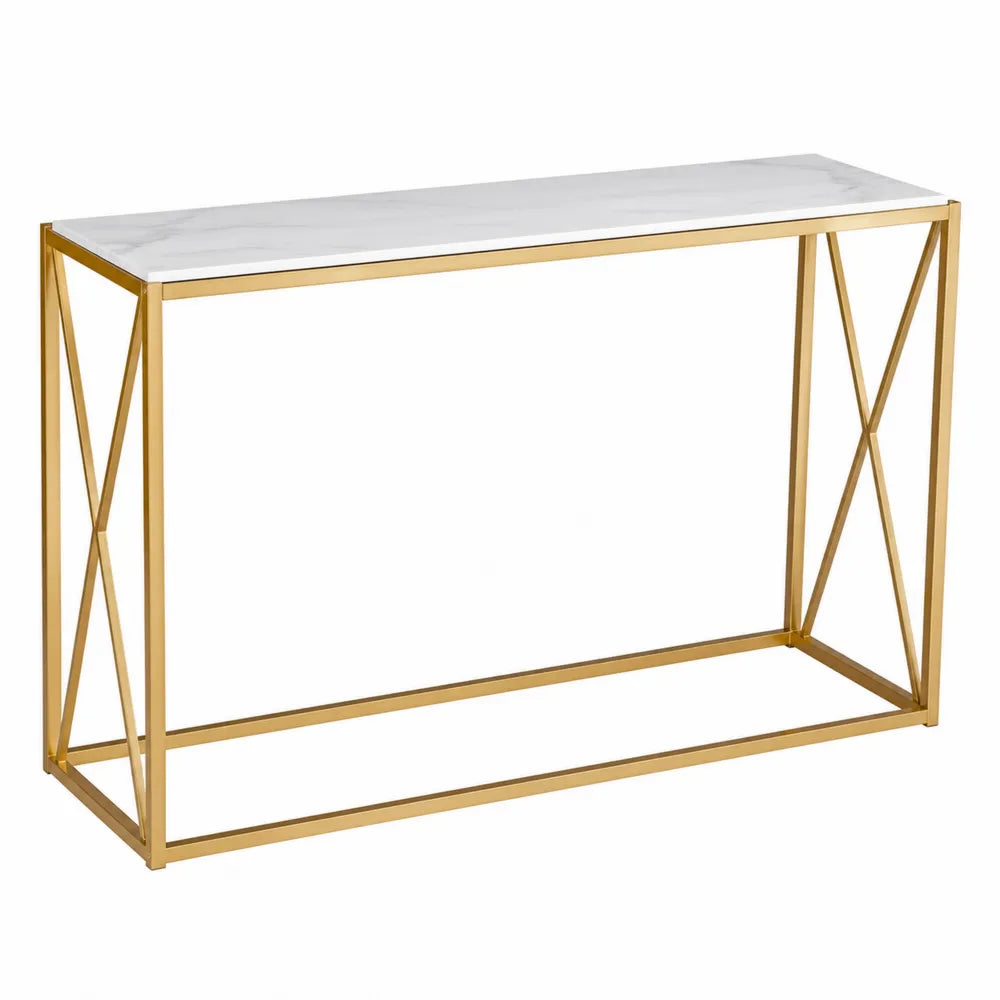 Table console rectangulaire plateau effet marbre blanc structure acier doré 120 x 35 x 80 cm