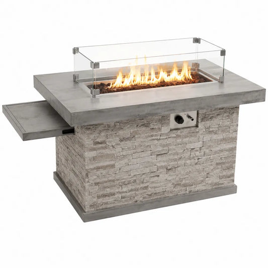 Table brasero à gaz rectangulaire 150 x 80 x 63 cm plateau effet pierre gris pare-vent en verre trempé tablette latérale coulissante structure acier