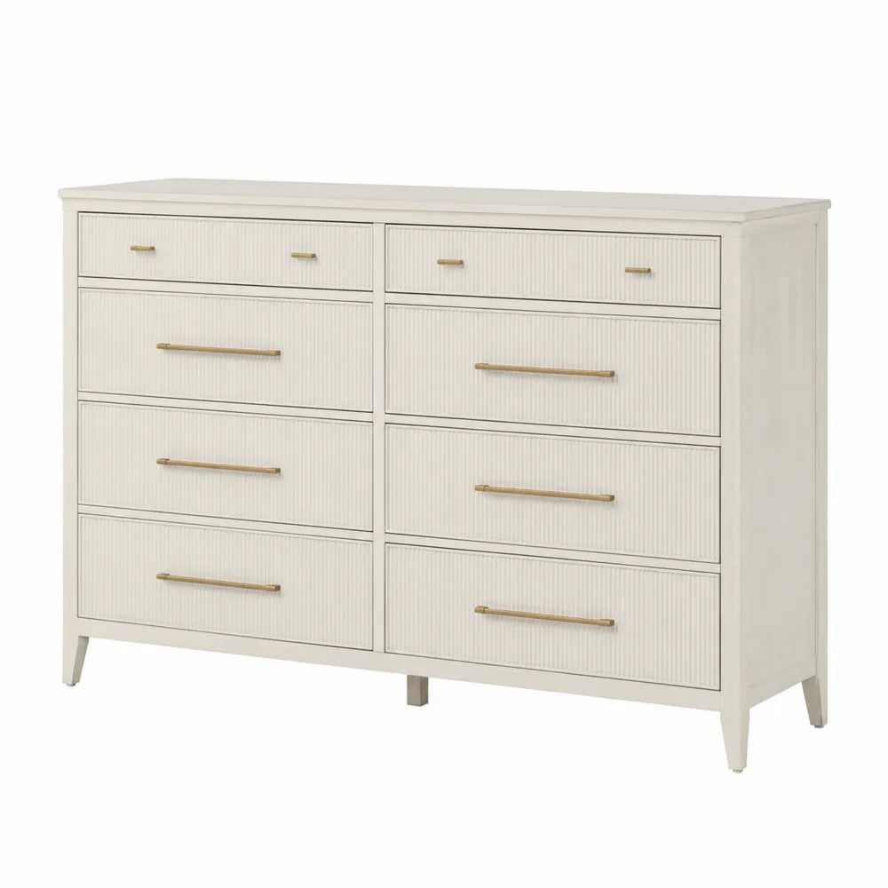 Commode 8 tiroirs en MDF peint blanc cassé avec façades cannelées et poignées dorées 140 cm x 40 cm x 82 cm