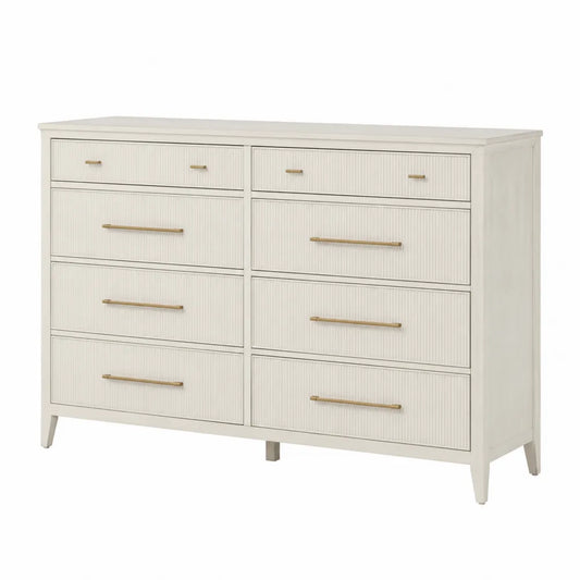 Commode 8 tiroirs en MDF peint blanc cassé avec façades cannelées et poignées dorées 140 cm x 40 cm x 82 cm