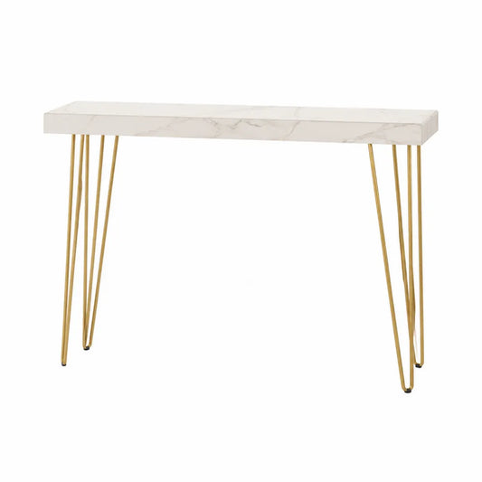 Table console rectangulaire plateau effet marbre blanc pieds épingle acier doré 120 x 35 x 80 cm