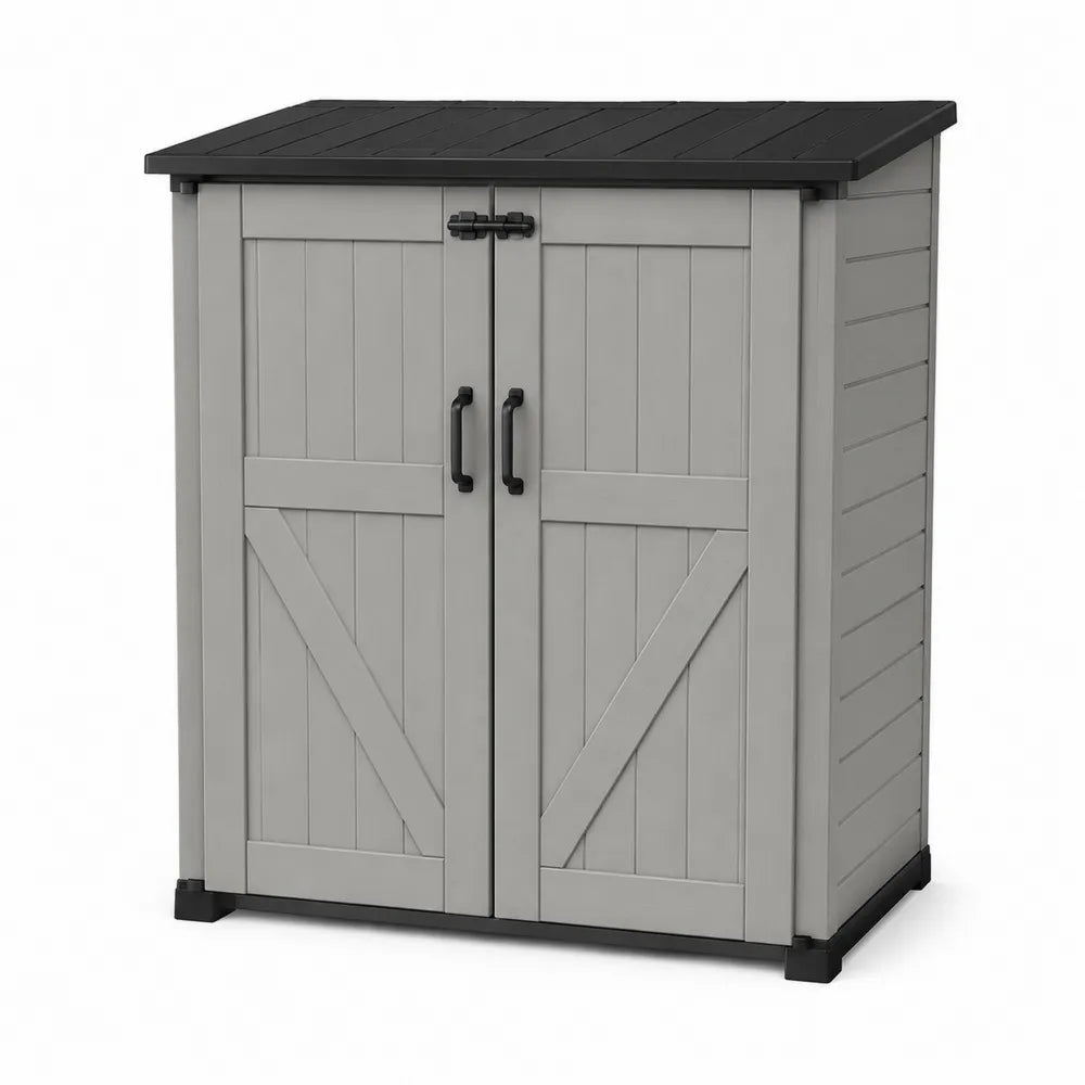 Armoire de rangement extérieur en résine polypropylène gris avec double porte et couvercle noir 97 cm x 65 cm x 87 cm