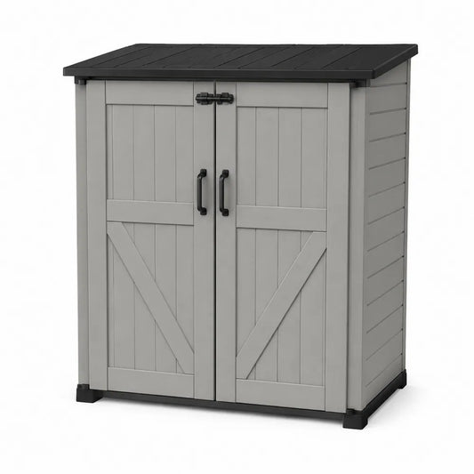 Armoire de rangement extérieur en résine polypropylène gris avec double porte et couvercle noir 97 cm x 65 cm x 87 cm