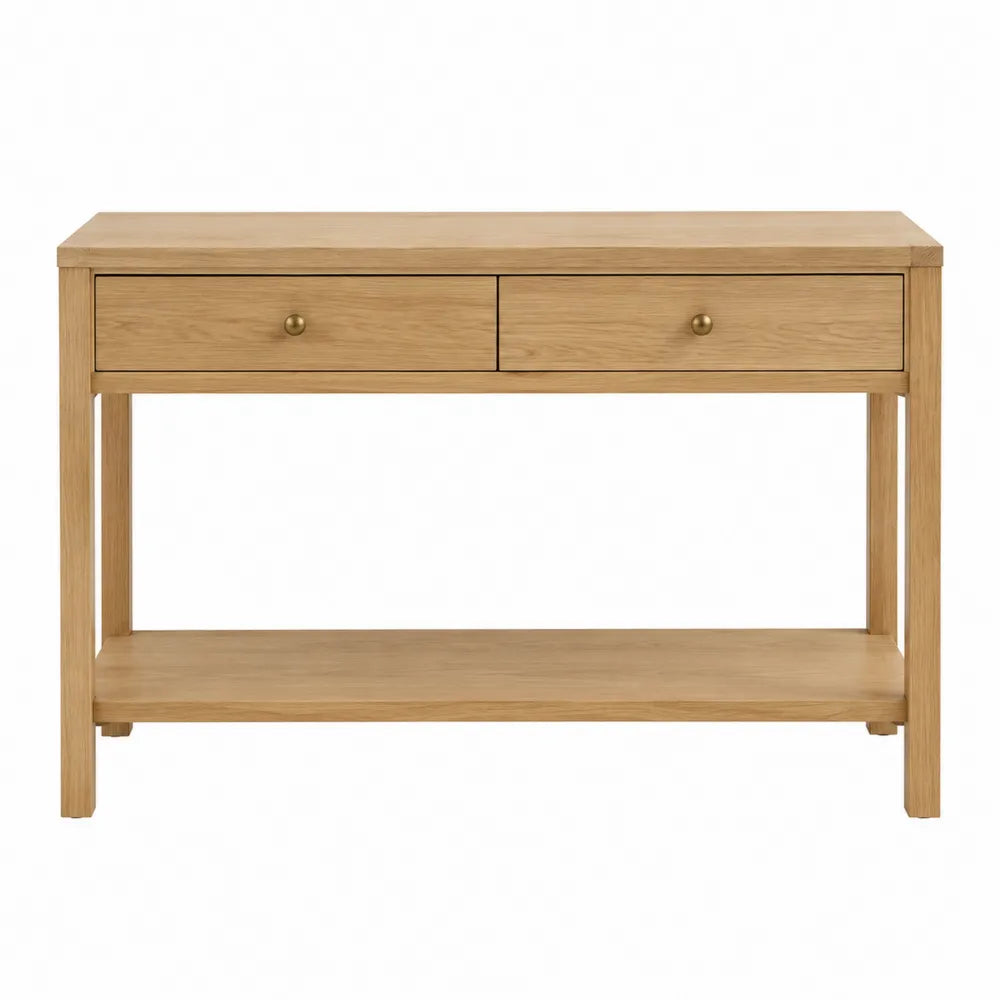 Console de rangement 2 tiroirs 110 x 35 x 80 cm MDF plaqué chêne naturel étagère ouverte rectangulaire