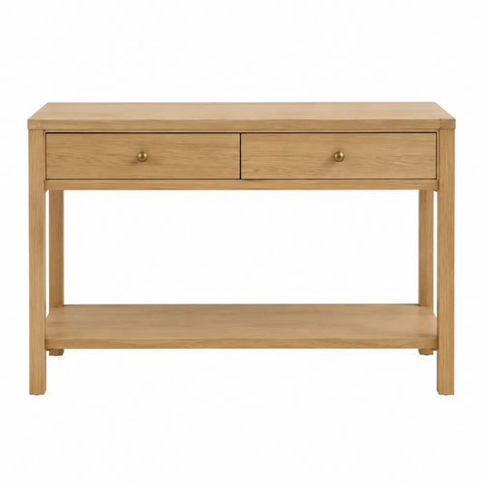 Console de rangement 2 tiroirs 110 x 35 x 80 cm MDF plaqué chêne naturel étagère ouverte rectangulaire