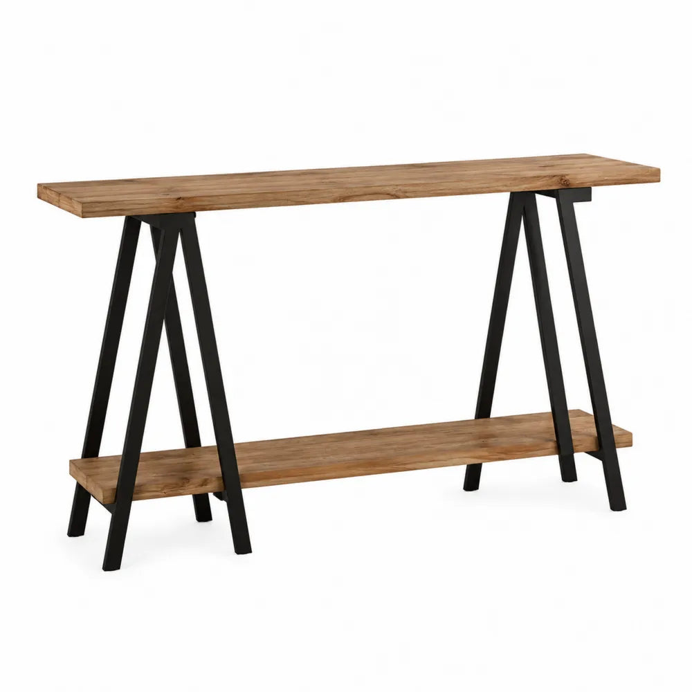 Console de rangement 2 niveaux 120 x 35 x 80 cm plateau bois structure métal noir