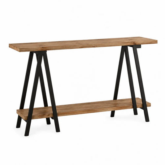 Console de rangement 2 niveaux 120 x 35 x 80 cm plateau bois structure métal noir