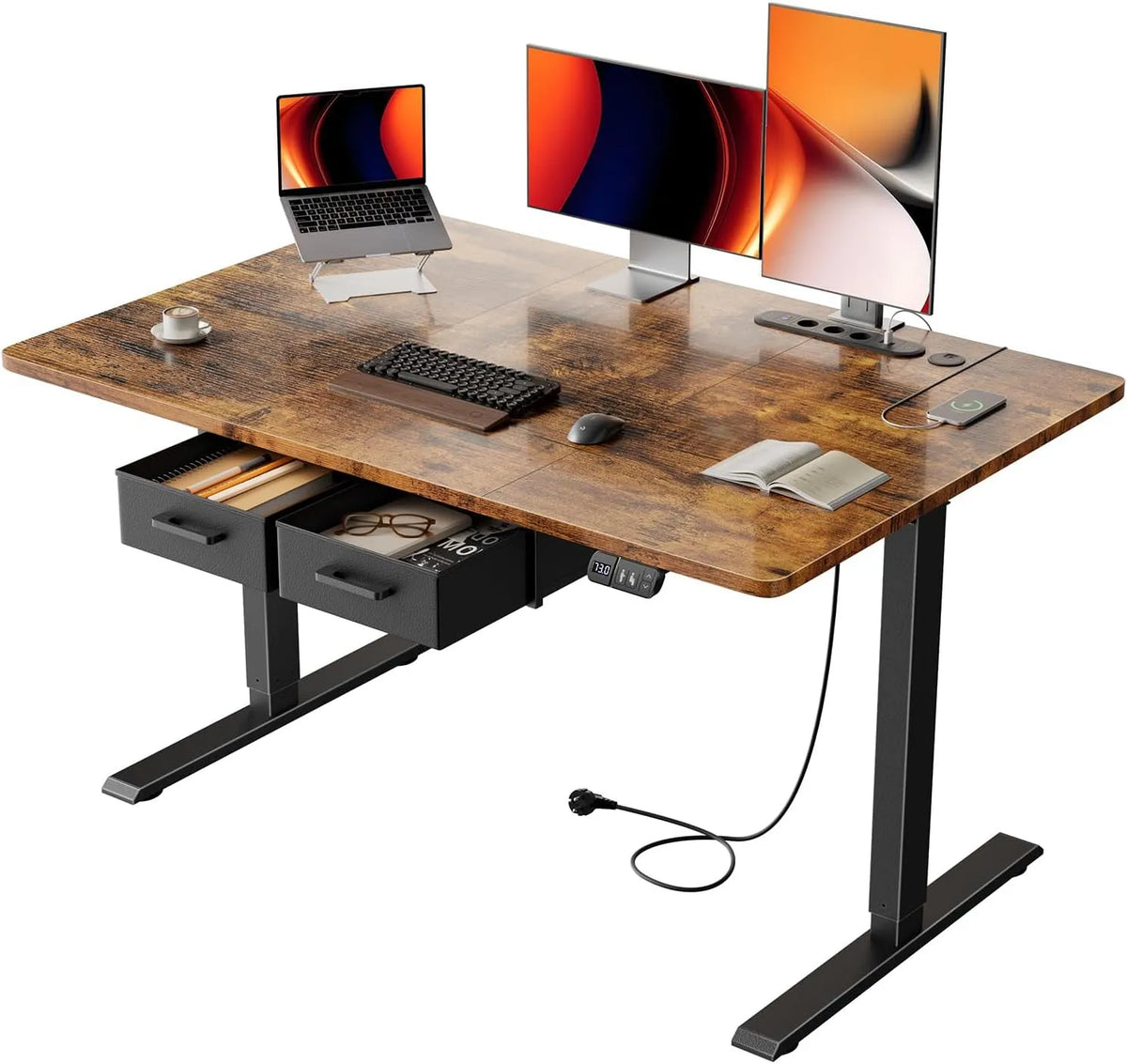 Bureau et table informatique – USB-C, avec tiroirs, avec port USB, réglable, 2 Tiroirs, 120 × 80 cm, marron, hauteur réglable