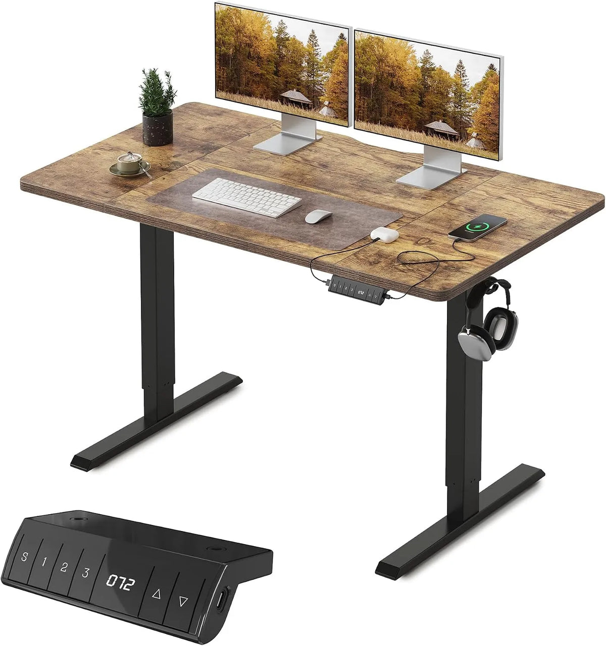 Bureau et table informatique – Marron, avec port USB, réglable, 120 × 60 cm, hauteur réglable