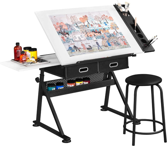 Bureau et table informatique: avec tiroirs, réglable, 2 Tiroirs, blanc, inclinable
