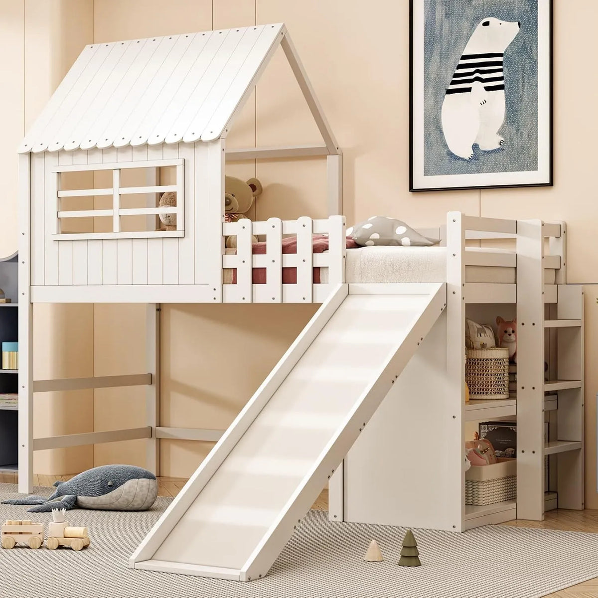 Lit Mezzanine Enfant 1 Place: pour enfant, avec Bibliothèque et étagère de rangements, avec toboggan, 90 × 200, blanc, avec étagères