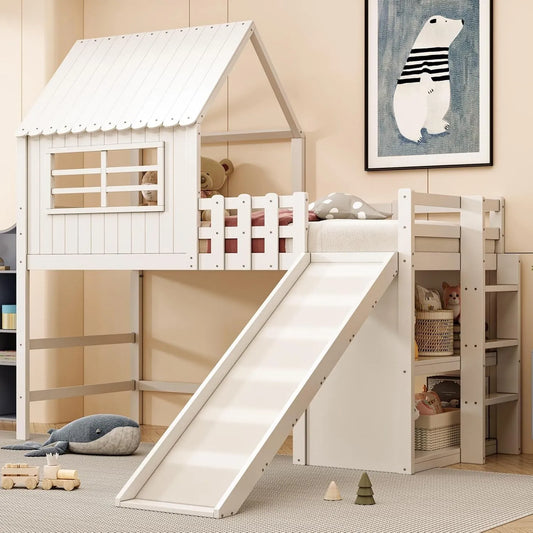 Lit Mezzanine Enfant 1 Place: pour enfant, avec Bibliothèque et étagère de rangements, avec toboggan, 90 × 200, blanc, avec étagères