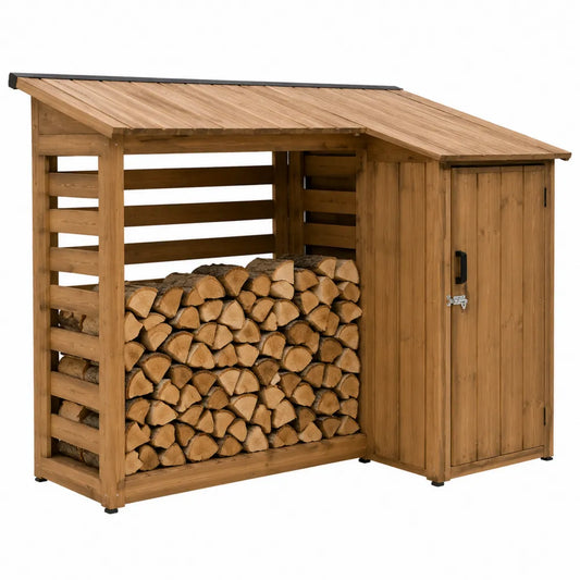 Abri de rangement extérieur avec range-bûches 220 x 80 x 160 cm en bois massif pin naturel brun