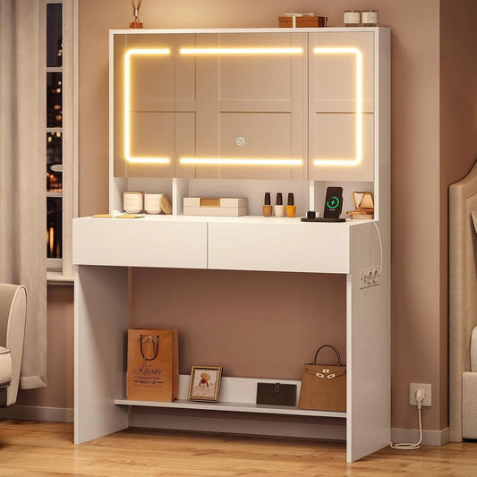 Coiffeuse et table de maquillage avec Grand Miroir Coiffeuse avec Prise et Lumières LED – avec tiroirs, réglable, affichage LED, 2 Tiroirs