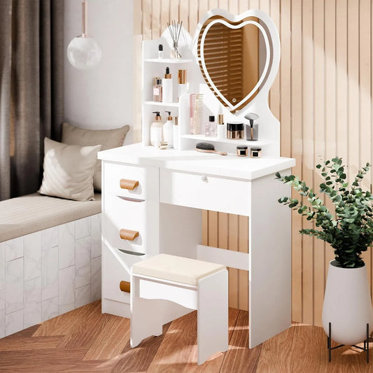 Coiffeuse et table de maquillage Blanche – avec tiroirs, avec étagères, réglable, affichage LED, 4 Tiroirs, 80 × 40 × 135 cm