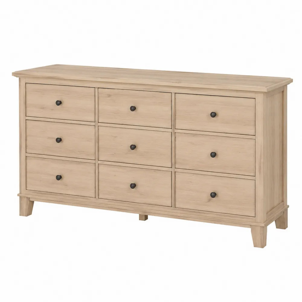 Commode 9 tiroirs en panneaux mélaminés décor chêne naturel avec poignées rondes noires 150 cm x 45 cm x 85 cm