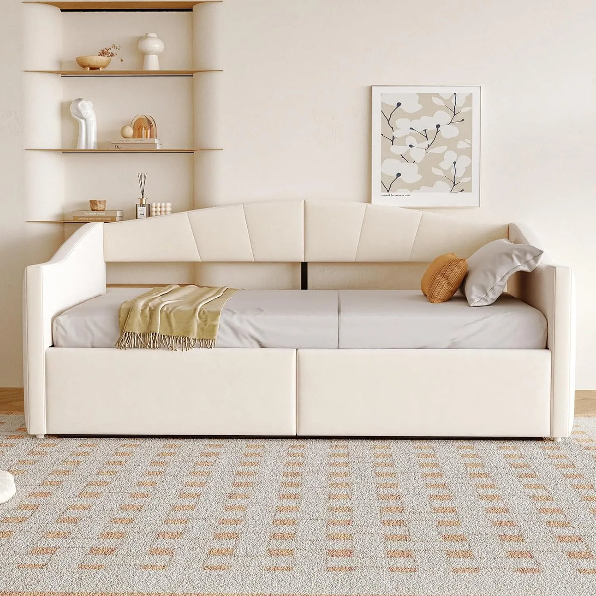 Lit rembourré et cadre de lit tapissé – revêtement en tissu, avec accoudoirs, 90 × 200 cm, beige, revêtement en velours