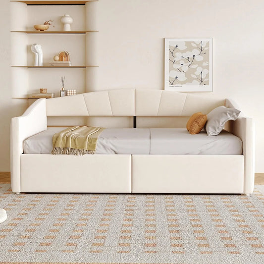 Lit rembourré et cadre de lit tapissé – revêtement en tissu, avec accoudoirs, 90 × 200 cm, beige, revêtement en velours
