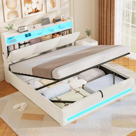 Lit Coffre 140×190 avec LED et Ports USB: avec rangement, avec Bibliothèque et étagère de rangements, avec port USB, affichage LED, beige