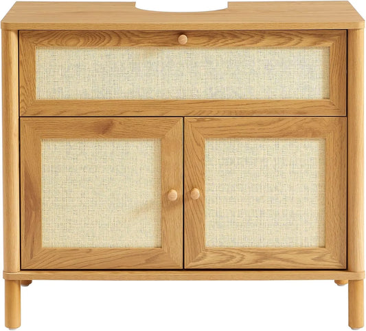 Meuble de salle de bain et armoire de rangement Haida Effet chêne et rotin: 80cm