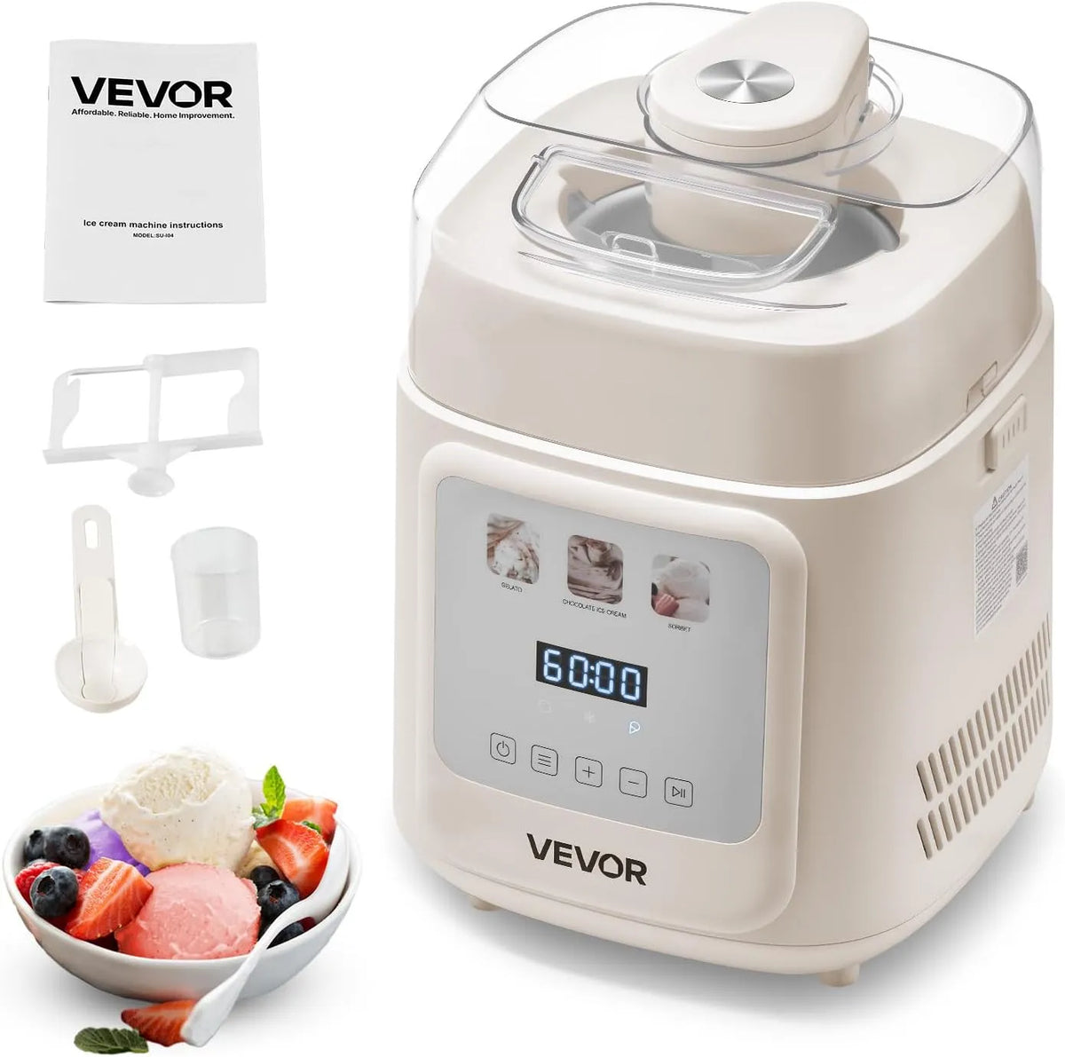 VEVOR Turbine à Glace Sorbets Yaourt Glacé avec Compresseur Intégré, Sorbetière Automatique Verticale de 1 L, Machine à Glace Électrique sans