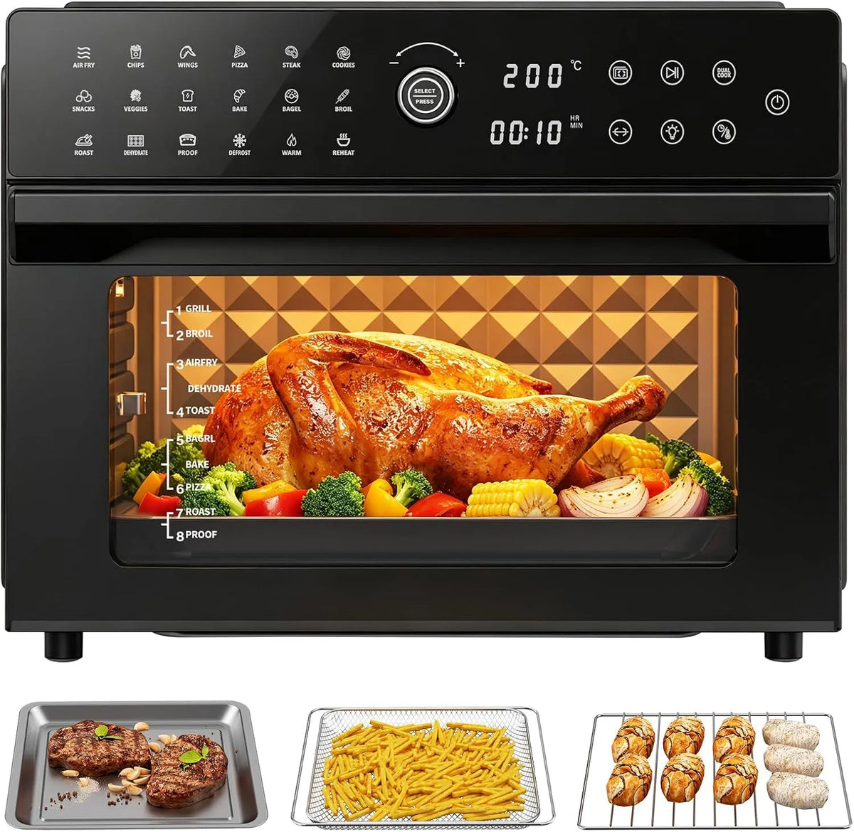Four électrique, 30 L, 1800 W, 18 programmes, tactile, minuteur, Friteuse Air Fryer xxL 30L, 7 Accessoires et Livre de Recettes Inclus, 2 Modes de