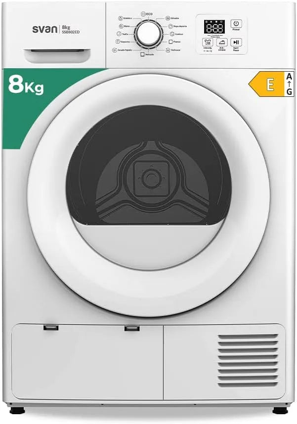Sèche-linge SSB802ED., 700 W, 12 programmes, 8 kg, classe énergétique E, blanc, affichage LED manuel, SSB802ED. 700W, Svan Sèche-linge Pompe à Chaleur