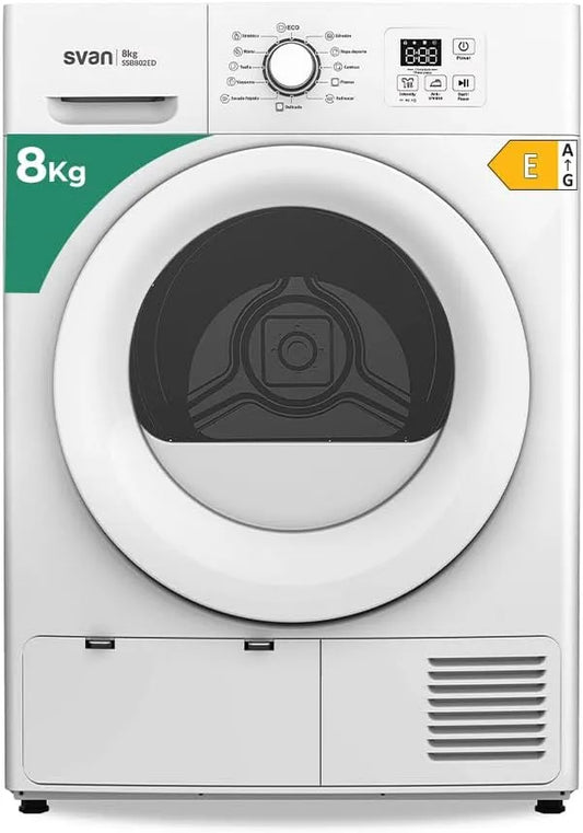 Sèche-linge SSB802ED., 700 W, 12 programmes, 8 kg, classe énergétique E, blanc, affichage LED manuel, SSB802ED. 700W, Svan Sèche-linge Pompe à Chaleur