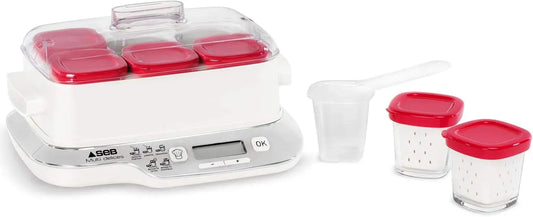 YG660100 Sans BPA, Compact, pour Yaourt maison, Seb Yaourtière 6 pots, Pots verre 140 ml, 5 programmes automatiques, Desserts lactés, Fromages blancs