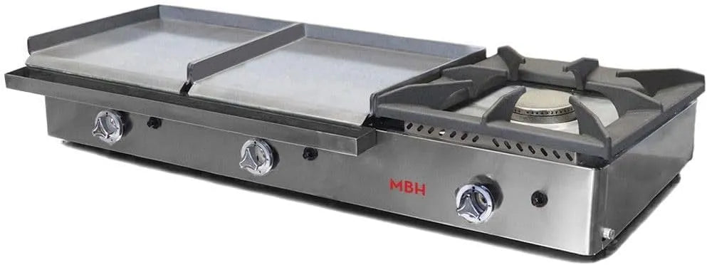 Produit Plancha à gaz industrielle 400 x 400 + 400 x 400 mm avec foyer pour hôtellerie. Fry Top deux zones professionnelles en acier laminé pour bar