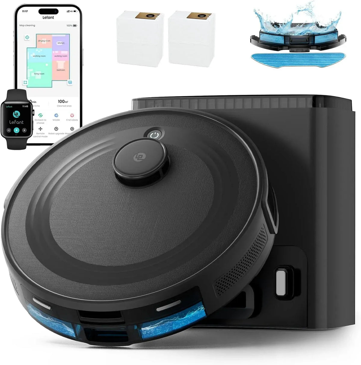 Lefant Aspirateur, 2,5 L, Wi-Fi, noir, Vidage Automatique avec Sac 2,5L, WiFi/App/Alexa, Évitement PSD