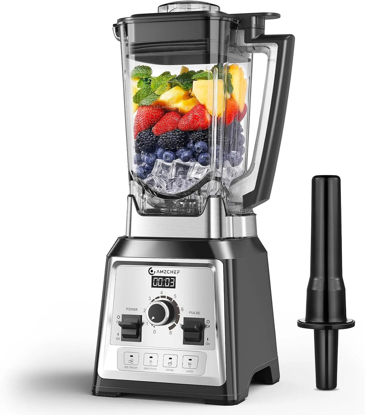 Blender, 2 L, 2000 W, 4 programmes, AMZCHEF, professionnel, acier inoxydable, 8 Lames Inox, 25000 Tr, min, Sans BPA pour Fruits Congelés et Cuisine