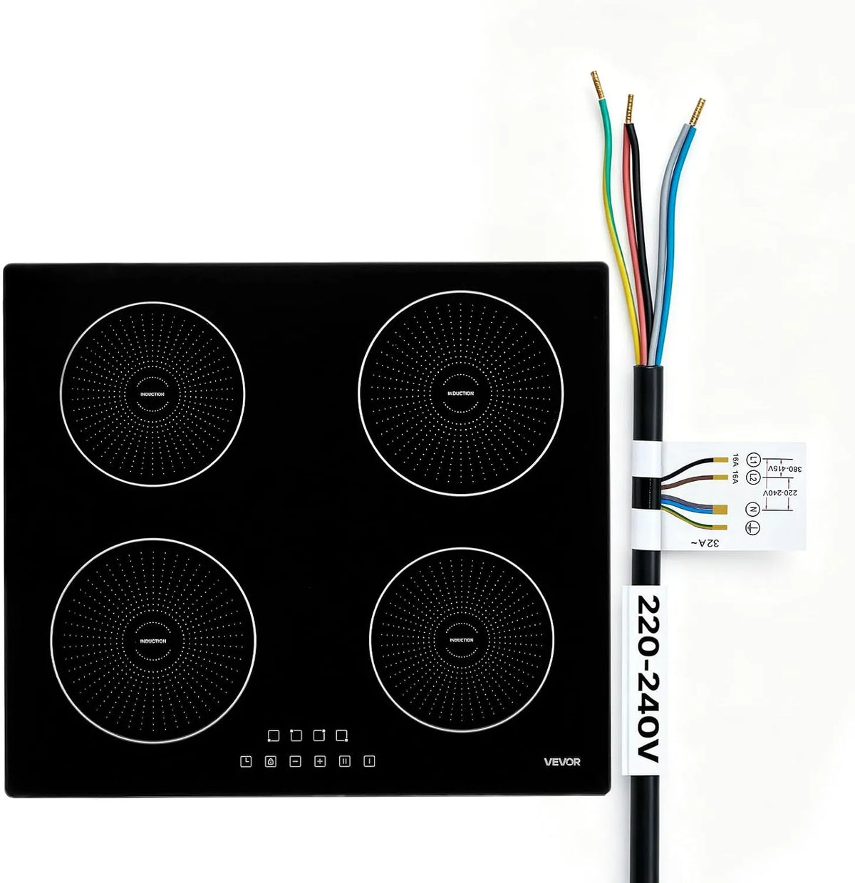 VEVOR Plaque à induction, 59 cm, 4 foyers, 7000 W, table de cuisson à induction, tactile, verrouillage, encastrable, camping, 9 Niveaux de Chauffe