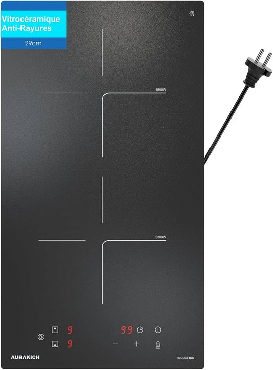 Plaque à induction, 2 foyers, 3800 W, table de cuisson à induction, Boost, verrouillage, encastrable, minuteur, 2 Ans Garantie, Minuterie 1-99 min