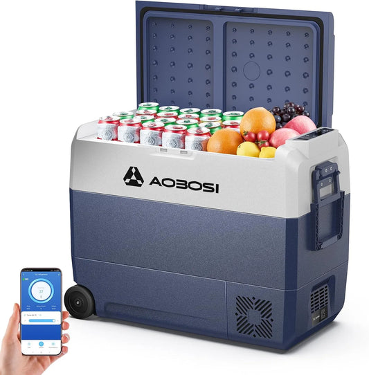 Produit avec APP, AAOBOSI Glaciere a Compression 60L, -20°C à 20°C, 12V 230V, 12V 24V 230V AC, Contrôle par APP, Éclairage LED, Avec Roues et Poignée