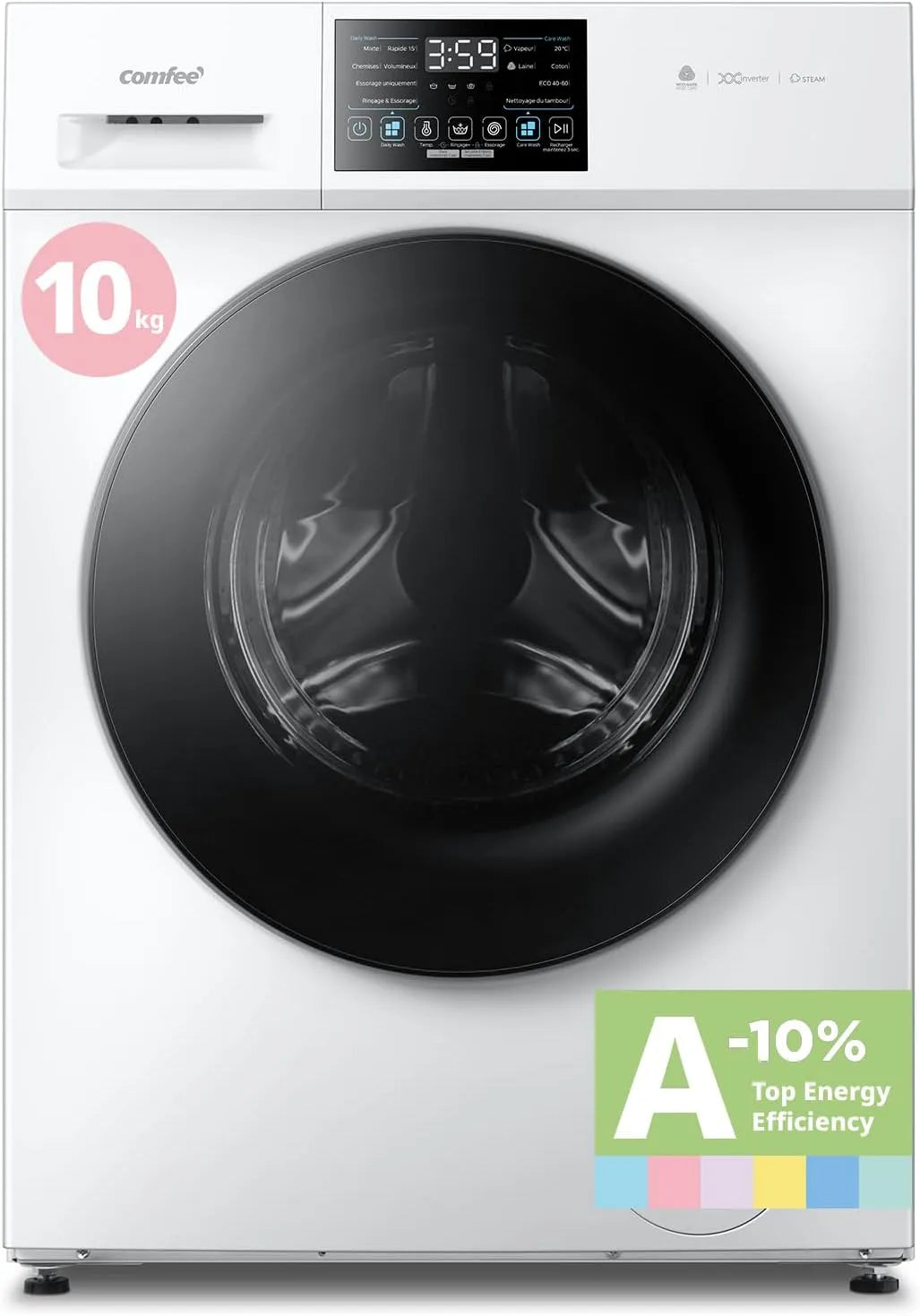 Lave-linge, 12 programmes, 10 kg, classe énergétique A, COMFEE' 1400RPM CFE12EW100/W-FR, tactile, vapeur, blanc, Soin Vapeur, Machine à laver 12