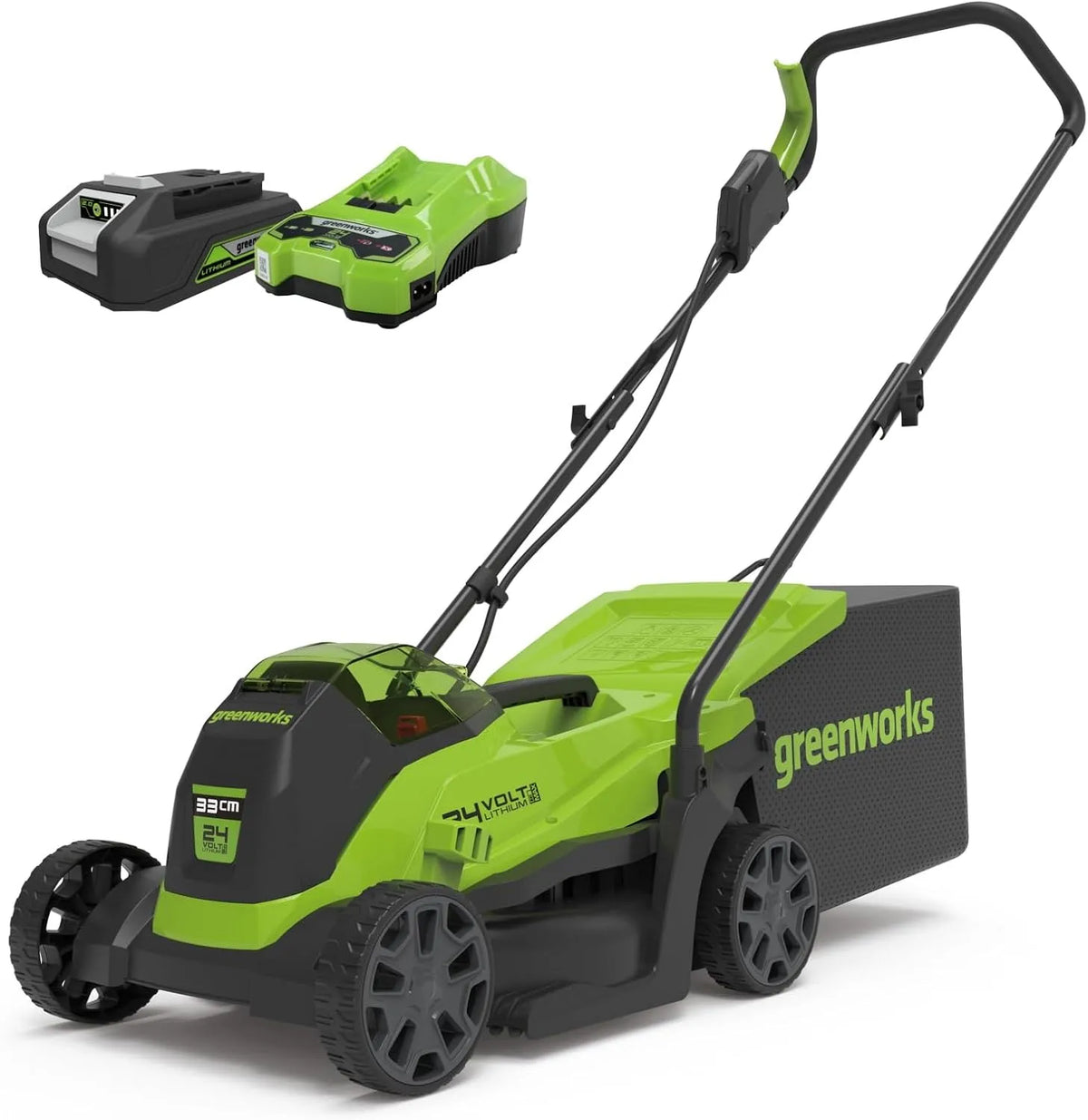 GD24LM33K2 2Ah Batterie, Chargeur, Moteur, Brosse, 33 cm, 30 L, 24 V, 140 m, sans fil, pour Petites Pelouses Jusqu'à 140m², Greenworks